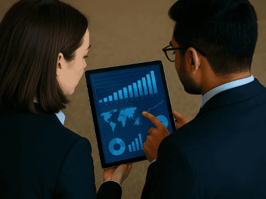 Business people reviewing a tablet with data