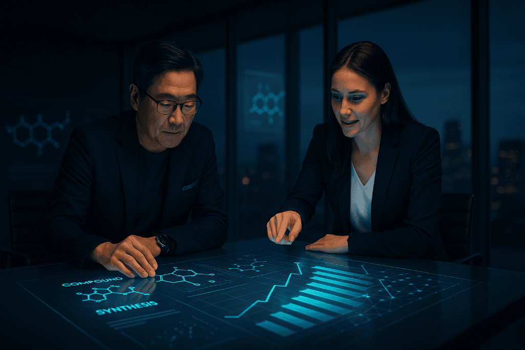 Business people reviewing a table top display of data